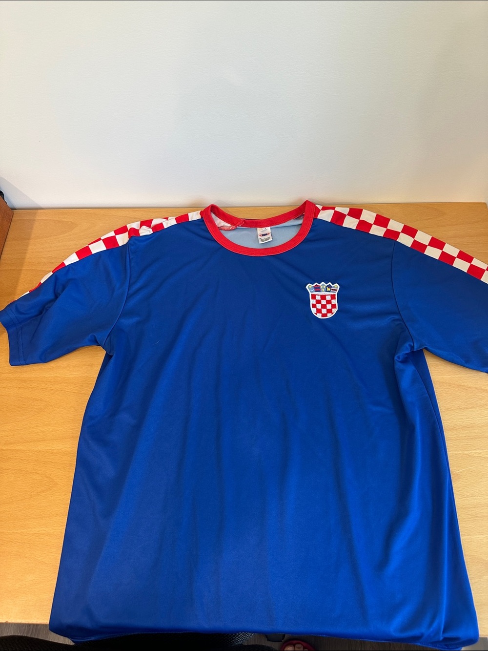 Men's Blue Short Sleeve Soccer Jersey with Red Check Trim